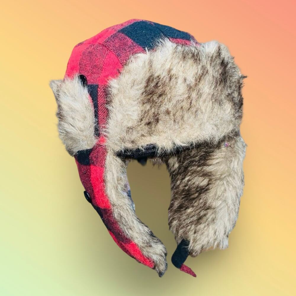 Trapper Aviator PJ Salvage Hat Faux Fur Bomber Cap Buffalo Check Lumberjack Red